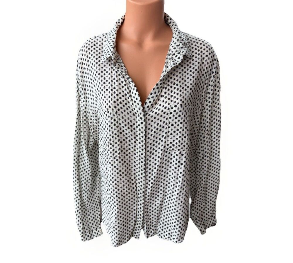 Luna Moon Black White Printed Blouse Size L Button Front